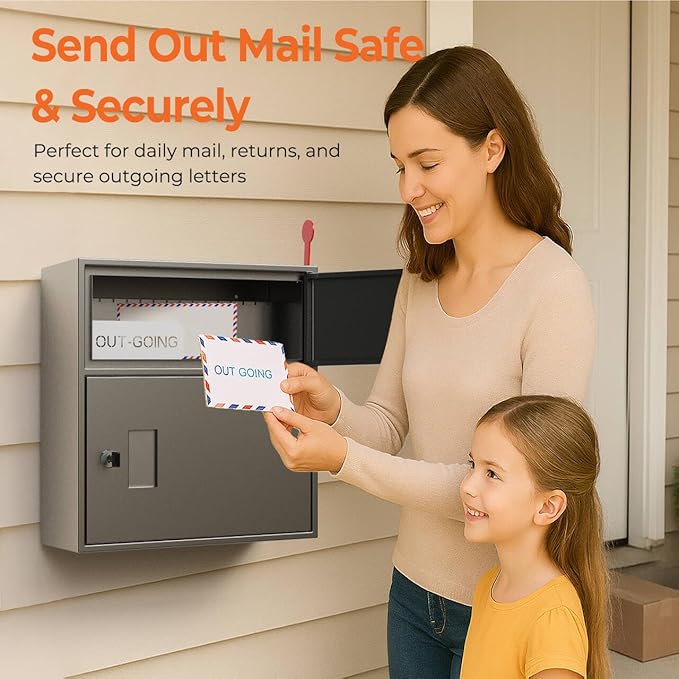 WeHere Wall-Mount Mailbox with Outgoing Flag, Large Secure Mail Box fot Outside, Galvanized Steel Rust-Proof Anti-thef Weatherproof Mailboxes for Office, Commercial, House Porch Front Door, Fence