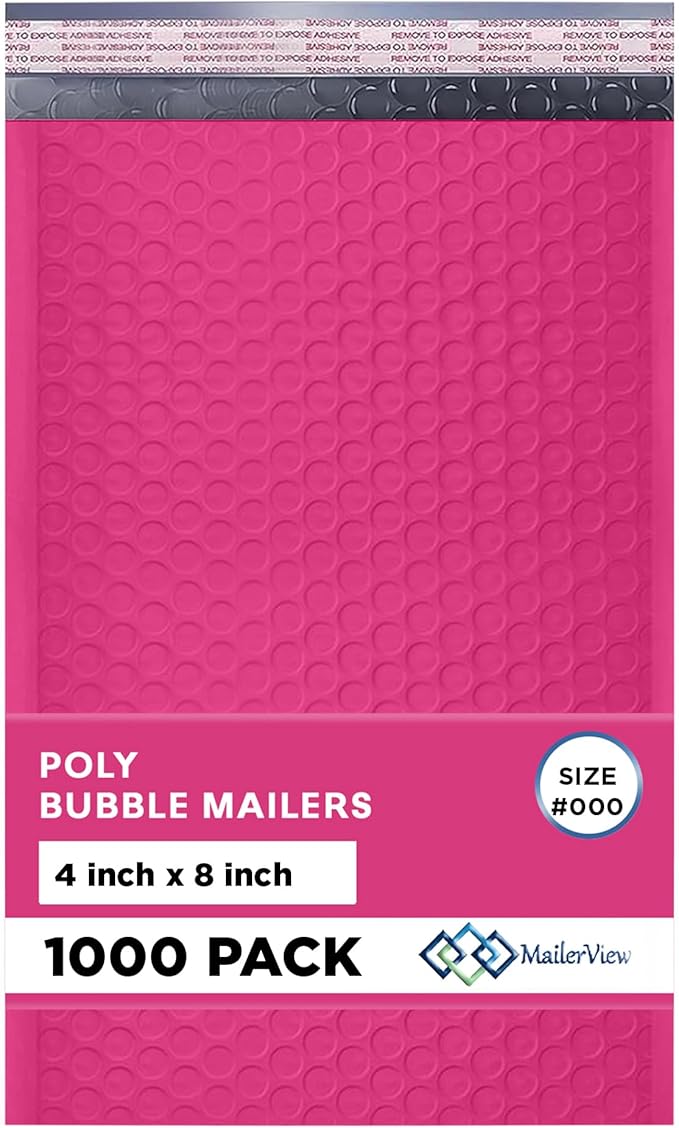 Hot Pink Small Bubble Mailers 4x8 Inch #000 | Thick Padded Poly Bubble Mailer Envelopes | 1000 Pack Bulk | Trading Card Sports Card Shipping