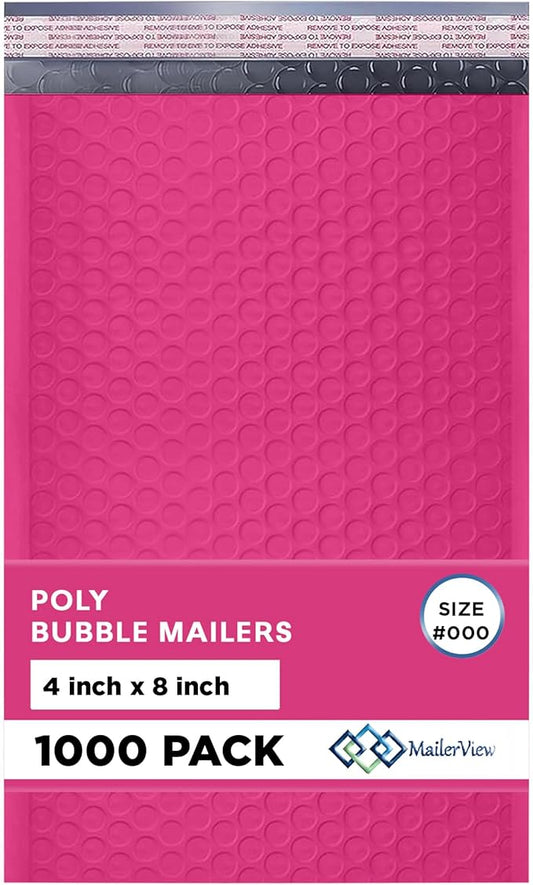 Hot Pink Small Bubble Mailers 4x8 Inch #000 | Thick Padded Poly Bubble Mailer Envelopes | 1000 Pack Bulk | Trading Card Sports Card Shipping