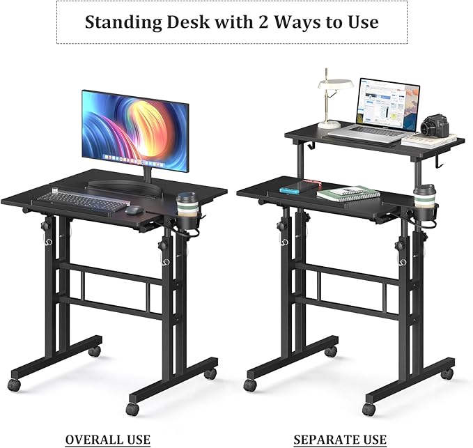 Small Standing Desk with Wheels, Mobile Stand Up Desk, Portable Standing Table on Wheels for Walking Pad, Rolling Computer Desk Adjustable Height, Tall Table
