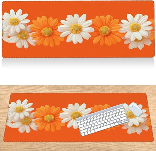 31.5”x11.8”Large Gaming Mouse Pad for Desk, Mouse Mat with Seamed Edges, Waterproof Desk Pad, Non-Slip Rubber Base, Keyboard Pad Computer Mat, Big XL Mousepad-Daisy on Orange