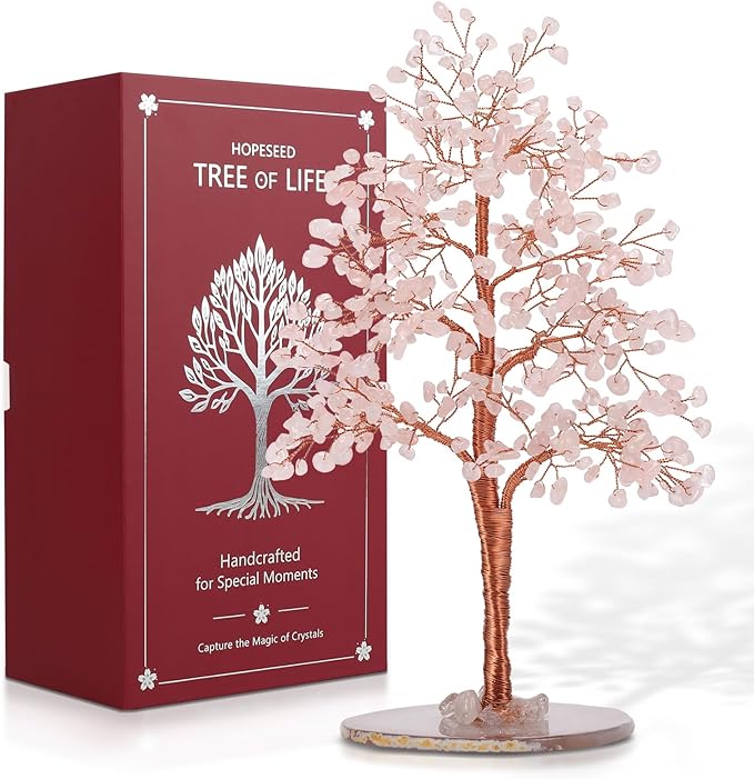 Hopeseed Rose Quartz Chakra Crystal Tree of Life Handmade Bonsai Healing Crystals Tree for Home, Desk, Living Room, Office Decor for Positive Energy, Good Luck Birthday Gift for Women, Mom, Men