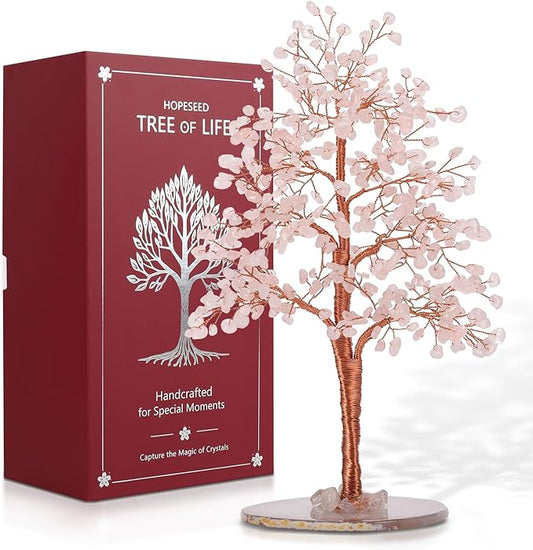 Hopeseed Rose Quartz Chakra Crystal Tree of Life Handmade Bonsai Healing Crystals Tree for Home, Desk, Living Room, Office Decor for Positive Energy, Good Luck Birthday Gift for Women, Mom, Men