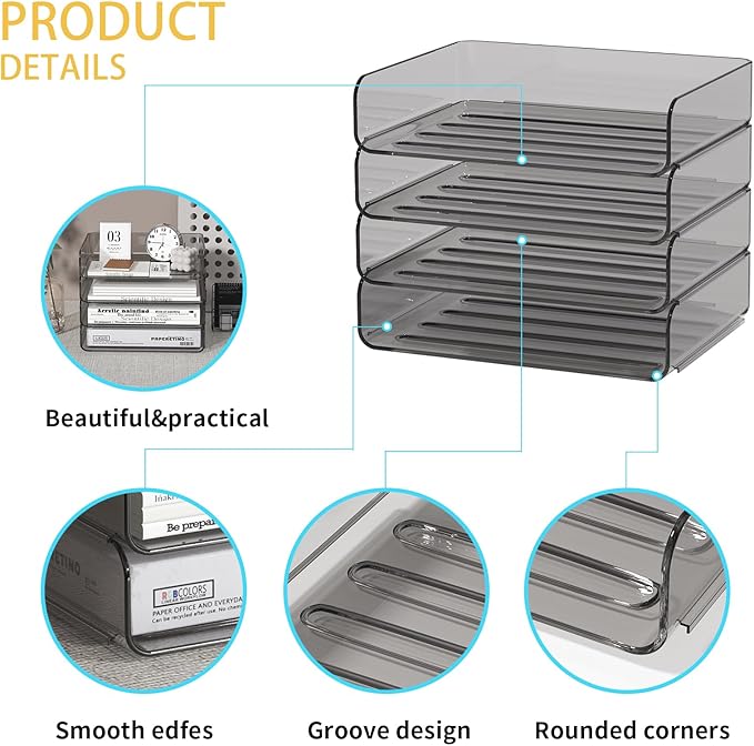 4-Tier Acrylic Paper Tray Organizer - Low-Profile Desk File Sorter for Office/Home, Brown Stackable Letter Tray for Bills, Crafts, Notebooks