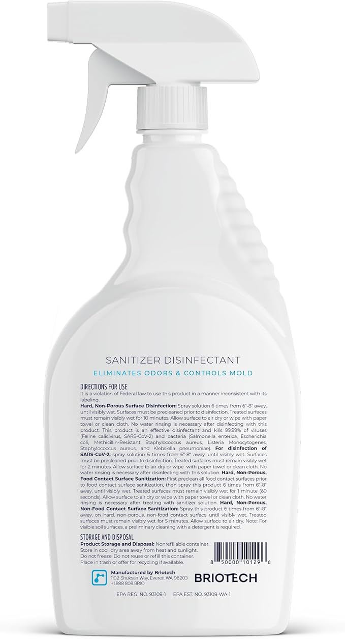 BRIOTECH Sanitizer Disinfectant Hypochlorous Spray, Kill 99.99% of Viruses & Bacteria, Control Mold, Eliminate Odor, Gentle for Nursery & Play Rooms, Food Contact Surface Sanitizer, 32 fl oz