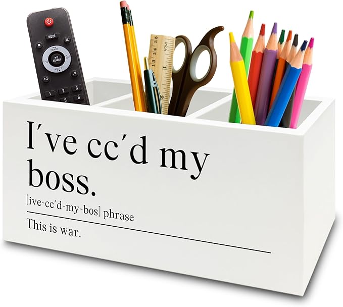 Funny Office Pen Pencil Holder Organizer for Desk, Coworker Gifts for Women Men, I've Cc'd My Boss Funny Wooden Box Sign for Home Office Workplace Desk Tabletop Decorations