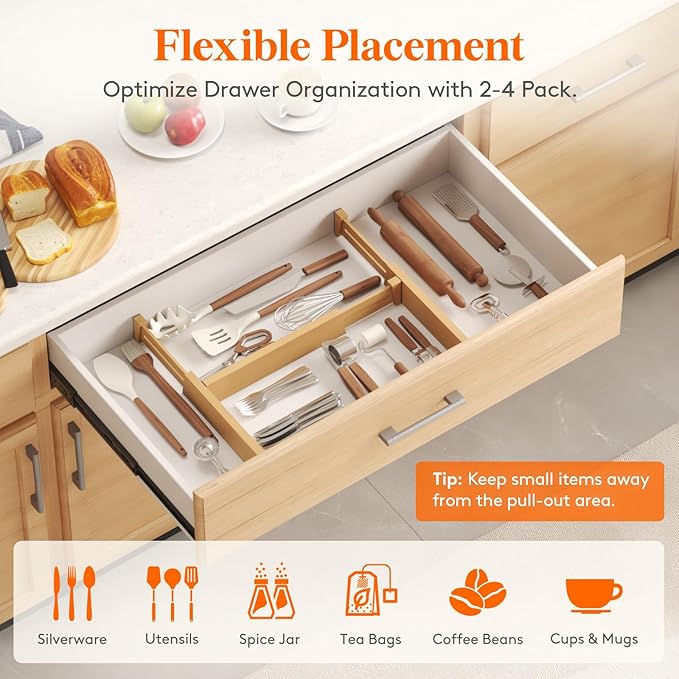 Lifewit 6 Pack Drawer Dividers Bamboo 2.4" High, 12-17" Adjustable Drawer Organizers for Clothes, Wooden Dresser Separators in Bedroom/Bathroom/Kitchen/Fridge/Office Organization and Storage