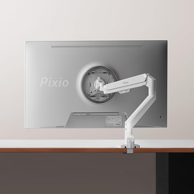 Pixio PS1S Wave White Single Monitor Arm Stand Desk Mount - Fits up to 32 inches Monitors and up to 19.8lbs. VESA Compatibility and Integrated Cable Management