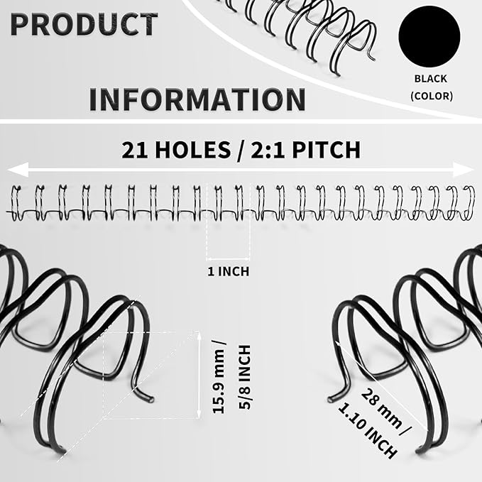 Rayson WR21159BK Wire Binding Spines, 2:1 Pitch Double Loop Binding Wires 5/8 Inch, 21-Loop Wire Ring Pack of 50 with Black