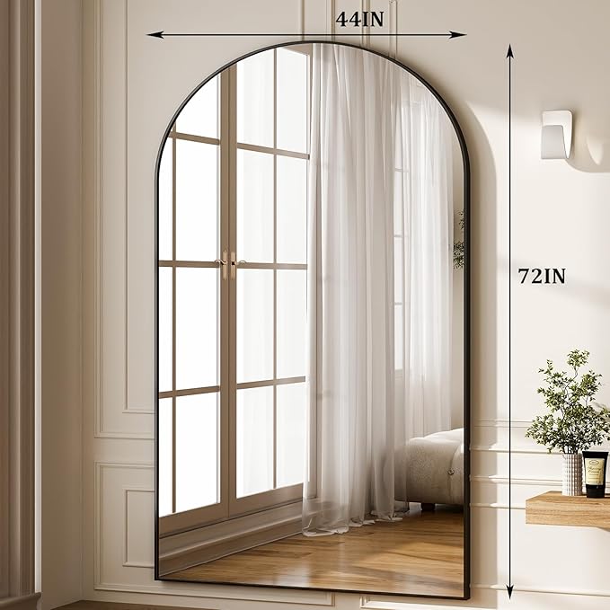 GLSLAND 72" x 44" Arched Full Length Mirror - Oversized Aluminum Alloy Frame Full Body Floor Mirrors with Stand Wall Mounted for Bedroom/Living Room, Black