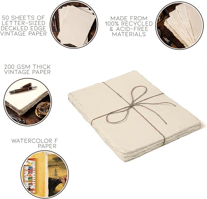 Watercolor Paper | Letter Sized Vintage Paper 8.5 x 11 Inches | 200 GSM Handmade Paper | 50 Sheets of Recycled Cotton Papers, Perfect for Any Medium, Blank Water Color Papers, Antique Paper