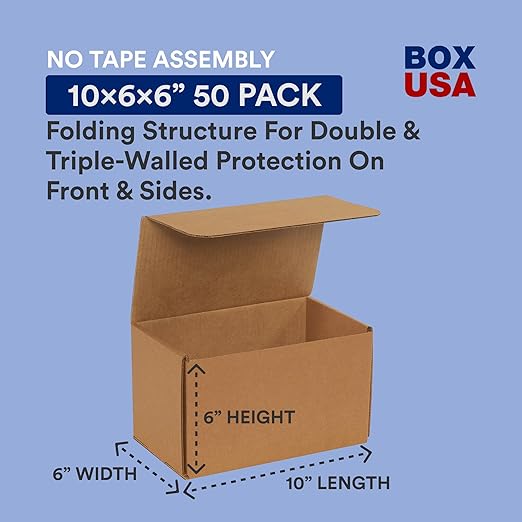 BOX USA Moving Boxes 10"L x 6"W x 6"H Long 50-Pack | Corrugated Cardboard Box for Packing, Moving and Storage 10x6x6 1066