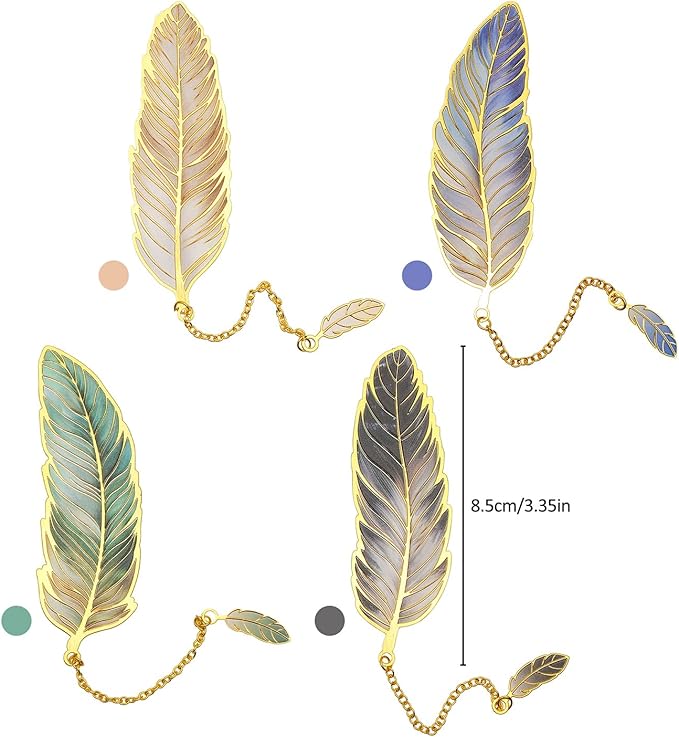 4 Pieces Metal Feather Bookmarks with Chain, Birthday Gifts Book Mark Bookmarks for Book Lovers Writers Readers Children Teens Men Women Adults Teacher