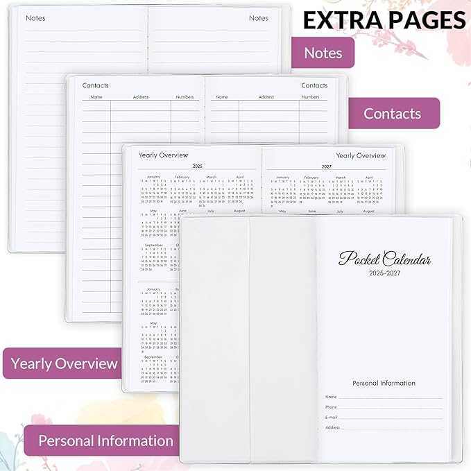 Pocket Calendar 2025-2027, Floral 2025-2027 Monthly Planner - 3.7" x 6.7" - Runs from September 2025 Until December 2027, 2026 Pocket Calendar with PVC Cover for Organizing & Planning