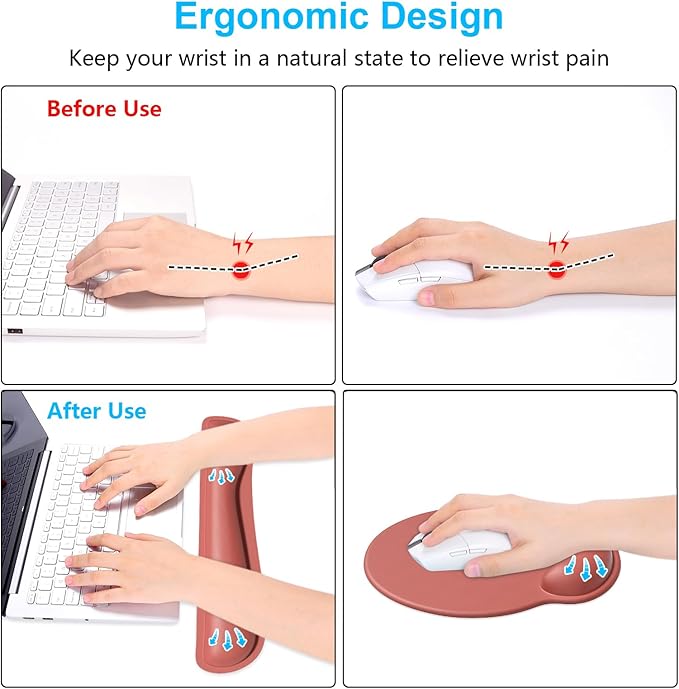 Dapesuom Keyboard Wrist Rest and Mouse Pad with Wrist Support, Memory Foam Cushion for Keyboard and Mouse Set, Ergonomic Desktop Pad Rests with Non Slip Base for Easy Typing & Pain Relief, Indian Red