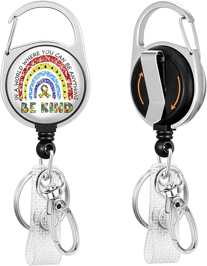 Autism Awareness Badge Reel Retractable Heavy Duty with 360°Swivel Carabiner Clip, Cute Rainbow ID Badge Holder, Nurse Teacher Gifts ID Card Holder Retractable Keychain Name Badge Clip