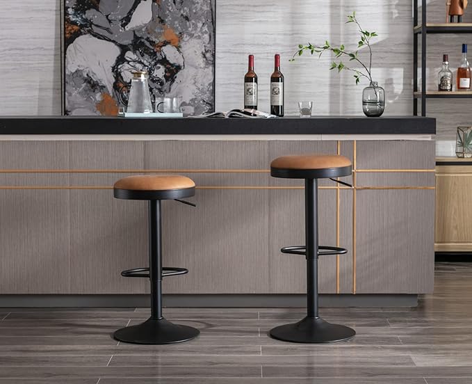 Round Swivel Counter Height Bar Stools Set of 2 Modern Adjustable Barstools Backless PU Leather Bar Chairs Industrial Island Chairs with Metal Base/Footrest for Kitchen Island/Pub/Bar, Brown