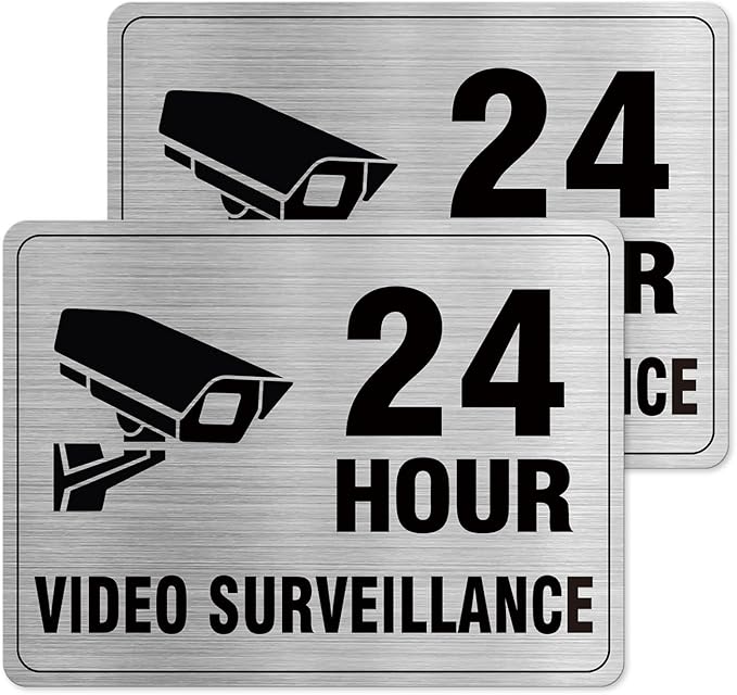 24 Hour Video Surveillance Sign Aluminum Silver 8 x 6 Inches Self-Adhesive Waterproof Metal Door Wall Sign for Business Restaurants 2 Pack