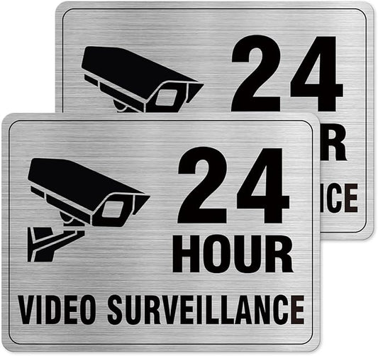 24 Hour Video Surveillance Sign Aluminum Silver 8 x 6 Inches Self-Adhesive Waterproof Metal Door Wall Sign for Business Restaurants 2 Pack