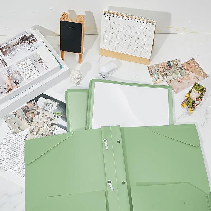 Henoyso 48 Pcs Plastic Folder with Clear Front Pocket and 3 Prongs Heavy Duty Plastic Folders with Card Slot Pocket Folders with Prongs for School Office Home(Sage Green)
