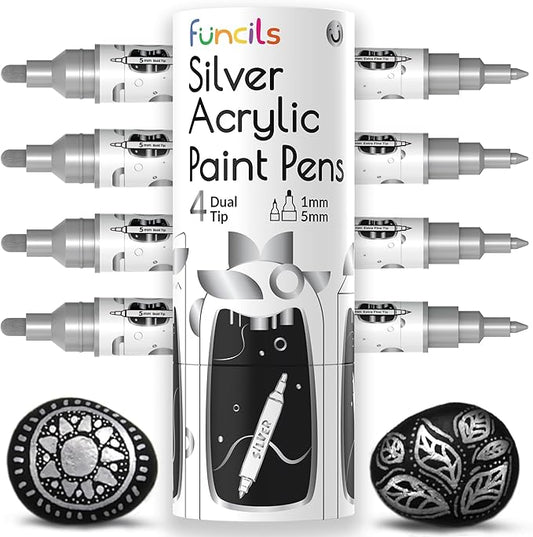 4 Acrylic Metallic Silver Paint Pen (Dual Tip) - Fine Tip & Medium, Acrylic Paint Markers - Silver Metallic Marker for Rock Painting, Canvas, Wood, Glass, Fabric, Metal and Plastic - Water-based Ink