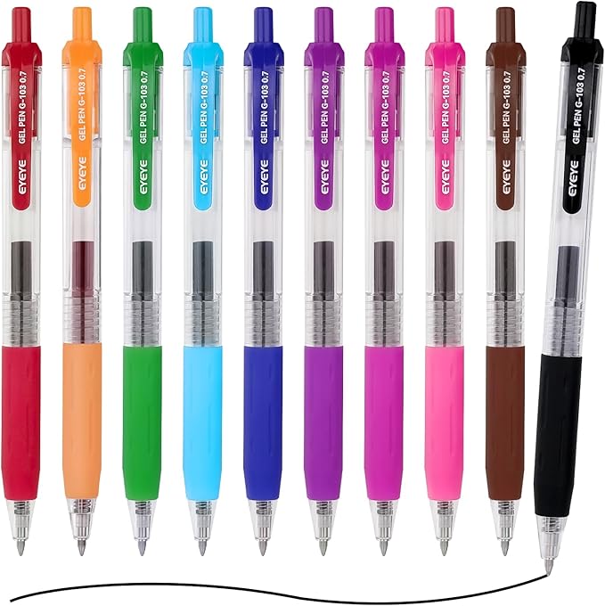 EYEYE G-103 Retractable Gel Pens Medium Point, Pack of 10 Assorted Colors 0.7mm Gel Ink Pen Quick Dry, Ballpoint Pen Fine Point Smooth Writing Pens for for Office School Supplies