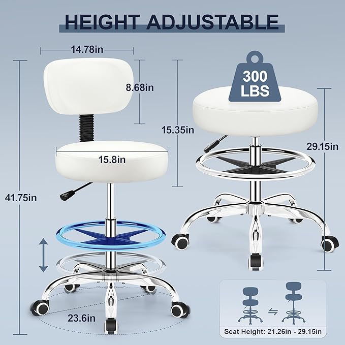 Drafting Chair with Backrest – Adjustable Foot Rest Rolling Stool with Wheels, PU Leather Swivel Stool for Office Spa Studio Lab Counter Salon Home Work Bar Kitchen Shop(White)