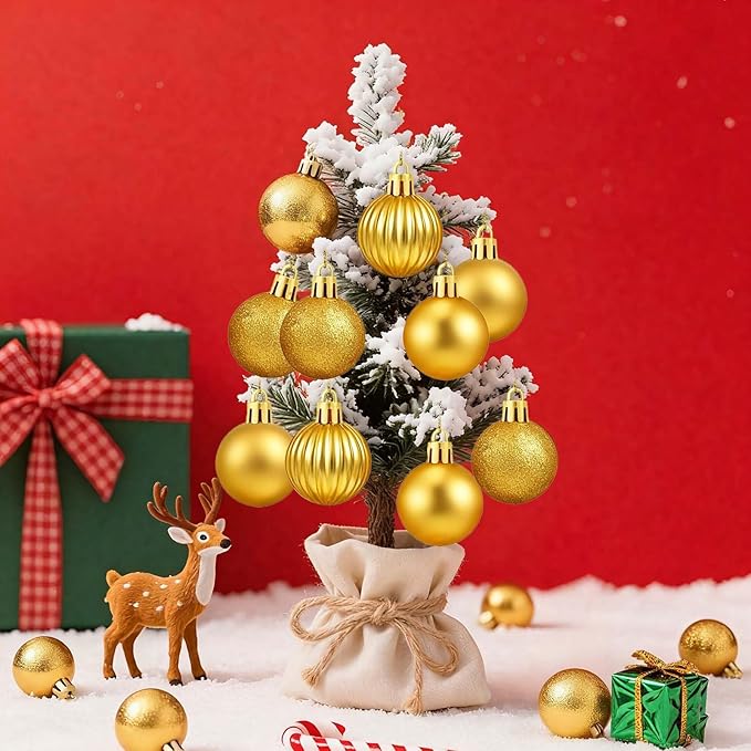 Set of 24 Small Gold Christmas Ornaments Balls for Christmas Tree, 1.2 inch Mini Gold Ornaments for Mini Tree, Tiny Plastic Shatterproof Hanging Bulbs Xmas Valentine Party Indoor Outdoor Decorations