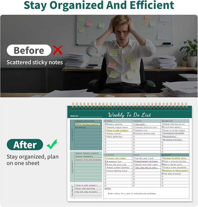 Weekly To Do List Notepad, 52 Undated Sheets 100 GSM（8.5"×11") Duplex-Printed Weekly Desk Planner For Work Home School Office Desk Accessories Supplies & Goal Setting Tasks - Green
