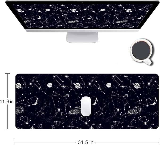 Large Gaming Mouse Pad with Stitched Edges, Black Constellation Desk Mat Extended Keyboard Pad, Non-Slip Rubber Base Desk Pad for Keyboard and Mouse, 31.5X11.8 inch, Sun and Moon