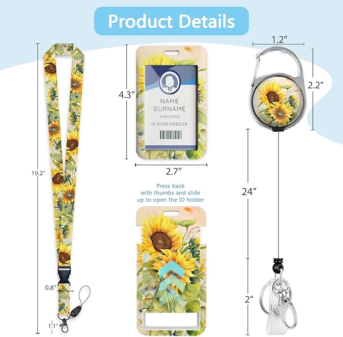 Gctriki ID Badge Holder with Breakaway Lanyard, Aesthetic Sunflower Lanyard for Keys，Retractable Badge Reel Clip, Teacher Lanyards for ID Badges Card Holder, Nurse Teacher Workers Women Office Gifts