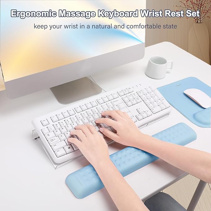 MOSISO Computer Keyboard Stand&Wrist Rest Support for Keyboard &Mouse Pad Set, Ergonomic Massage Wrist Rest Set, Easy Typing Working Acrylic Clear Stand for Office Home, Air Blue