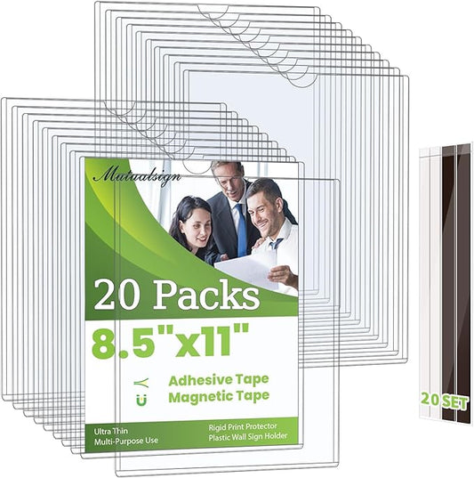 20 Pcs Wall Sign Holder 8.5"x11" Magnetic Sign Holder, Rigid Print Protectors with Adhesive & Magnetic Tapes, Wall Mount Plastic Paper Holder for Office Store Home Window Display (Clear)