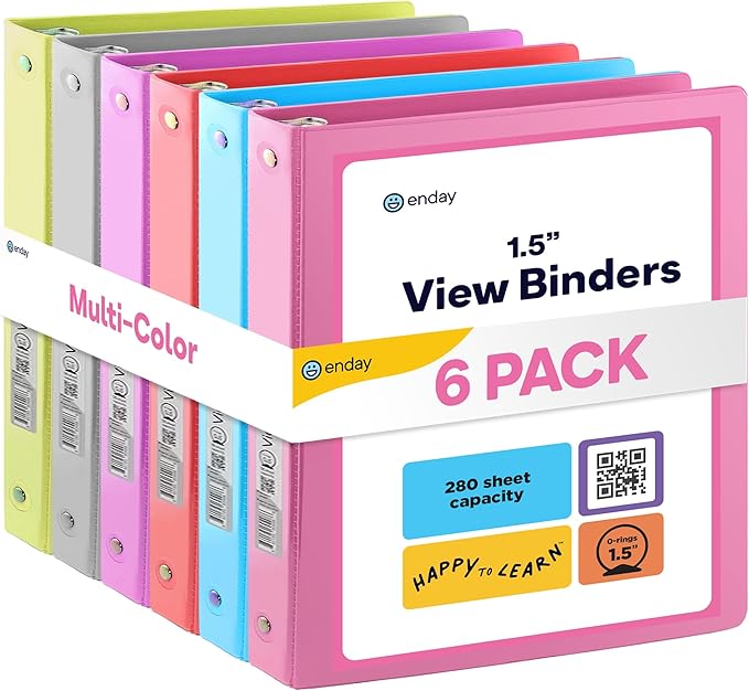 3 Ring Binder, 1.5 Inch Clear View Cover with 2 Inside Pockets Binder, Colored School Supplies 1 ½ Inch Round Ring Binders, in Pink, Red, Blue, Purple, Green, and Grey, Multicolor (6 PC) – by Enday