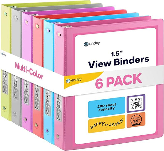 3 Ring Binder, 1.5 Inch Clear View Cover with 2 Inside Pockets Binder, Colored School Supplies 1 ½ Inch Round Ring Binders, in Pink, Red, Blue, Purple, Green, and Grey, Multicolor (6 PC) – by Enday