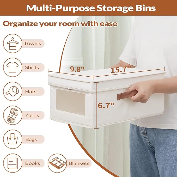 Fabric Storage Bins with Lids, Collapsible Closet Organizer with Sturdy Handles, Clear View Window, Stackable Storage Baskets for Clothes, Towels, Books, Hand Pull Closet Organizer Boxes-4-Pack, Beige