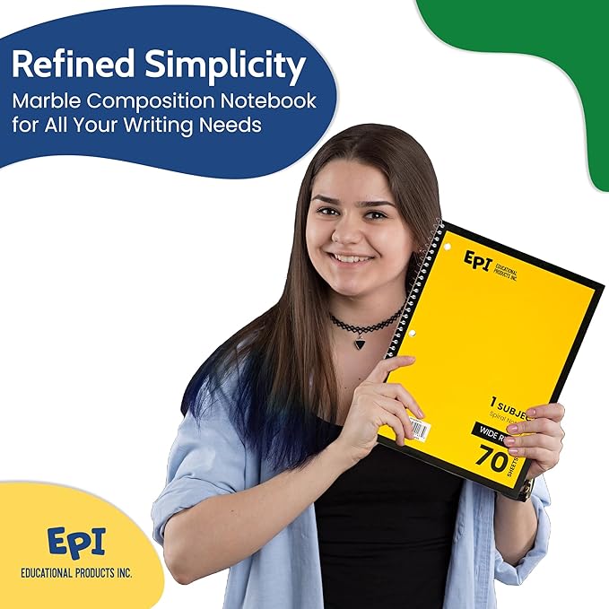 EPI Spiral Notebook | Wide - 70 Sheets, Durable Spiral Binding | 10.5 x 8 in | Classroom Supplies | School, Office, Note Taking, Journaling - 12 Pack