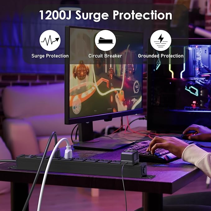 JUNNUJ Heavy Duty Power Strip Wall Mount, 20 Amp Surge Protector 1200J Metal 8 Outlet Under Desk Mounted 20A, Garage Power Table Socket Industrial Outlets 6-20R T-Slot, Black-10FT 12AWG Extension Cord