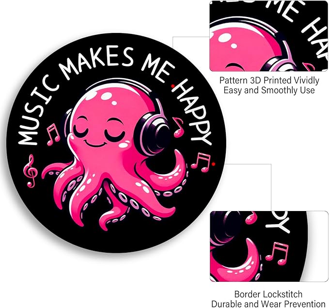 Music Octopus Mouse Pad, Small Round Black Mouse Pads for Desk, Mini Travel Mousepad for Work Wireless Computer Laptop, Office Desk Accessories, Music Makes Me Happy, 8.6 x 8.6 inch