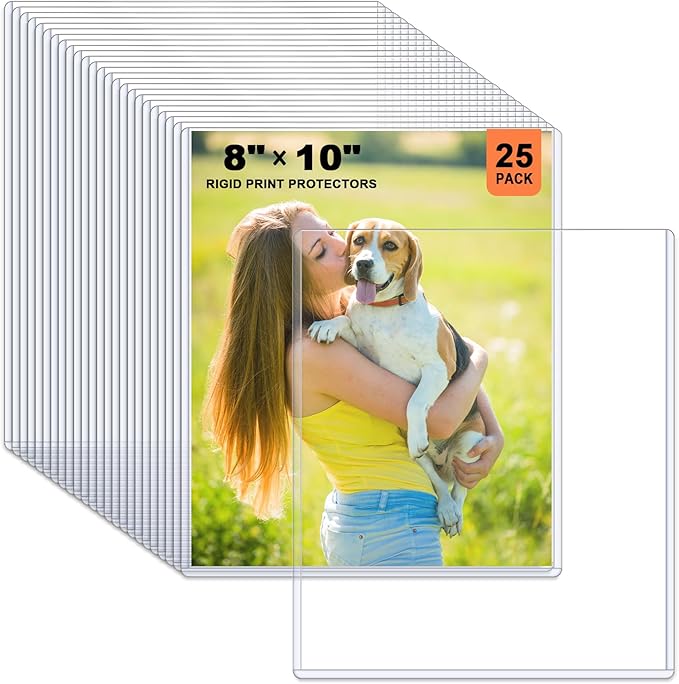 Ndsox 25 Pack 8" x 10" Rigid Print Protectors Clear Hard Plastic Sheet Protectors Top Loading for Photographs, Photo Papers, Posters, Prints, Birth Certificates, Heavy Duty No-Hole Rigid Photo Sleeves