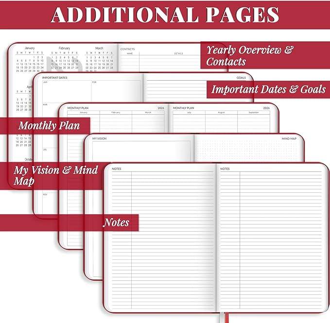 2026 Planner, Large Weekly and Monthly Planners, A4 Faux Leather Daily Calendar 2026 Planner, 12 Month Agenda from Jan. to Dec., Hardcover Habit Tracker Journal(Red)