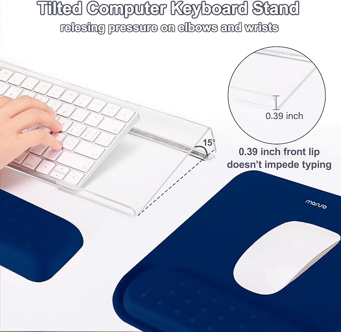 MOSISO Computer Keyboard Stand&Wrist Rest Support for Keyboard &Mouse Pad Set, Ergonomic Massage Wrist Rest Set, Easy Typing Working Acrylic Clear Stand for Office Home, Navy Blue