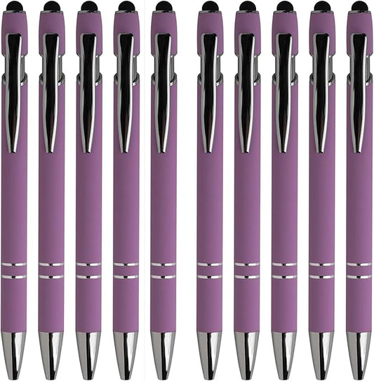 Purple Ballpoint Pens with Black Ink, 2-in-1 Stylus Tip, 1.0mm Medium Point, Matte Metal Barrel – 10-Pack for Office or School