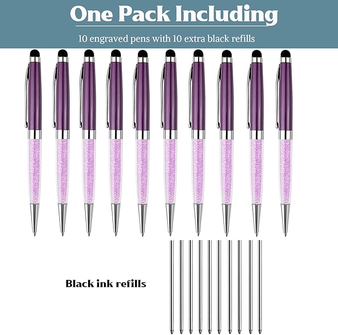 Ancolo Personalized Business Pens Beautiful Crystal-Custom Advertising Massage - Engraved Team Name, Phone Number, Slogan Perfect for Bank, Office, Hotel Lobbies - 10 Pens/Box (Purple)