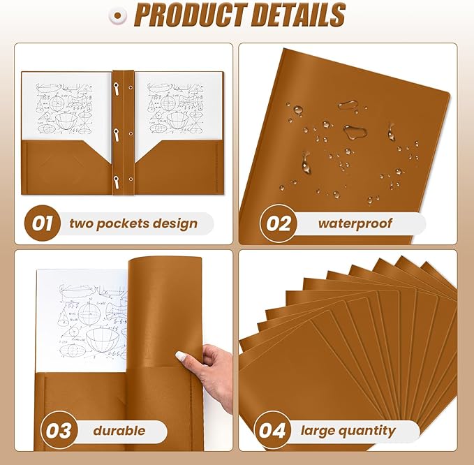 Yeaqee 30 Plastic Folders with Pockets and Prong Plastic Folders with 2 Pockets Pocket for Office, School for Students, Teachers, Office Workers (Brown)