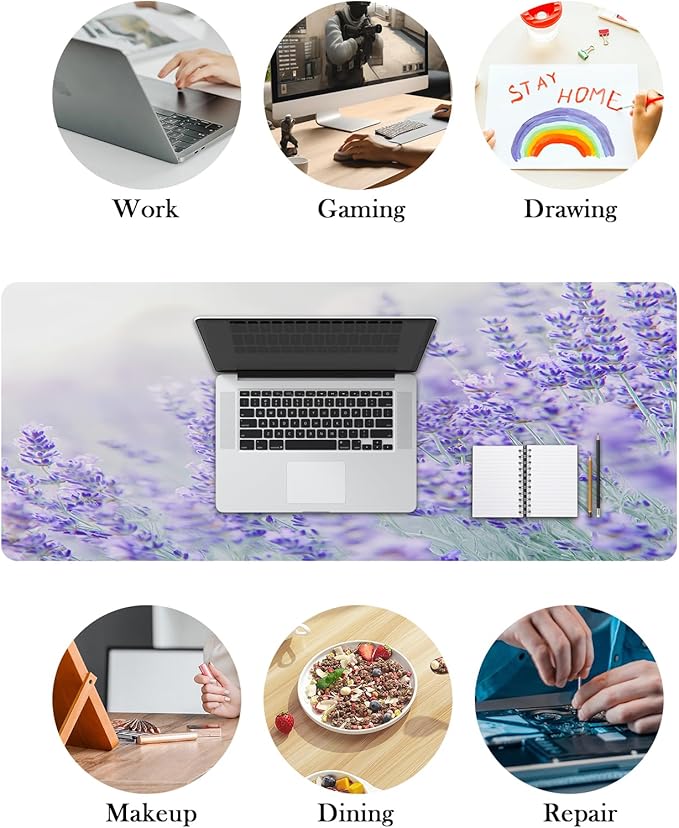 Mrcrypos Floral Large Mouse Pad Blooming Lavender Desk Mat for Desktop,Waterproof Desk Pad with Stitched Edges,Computer Keyboard Gaming Mouse Pads for Women Office Home 31.5" x 11.8"