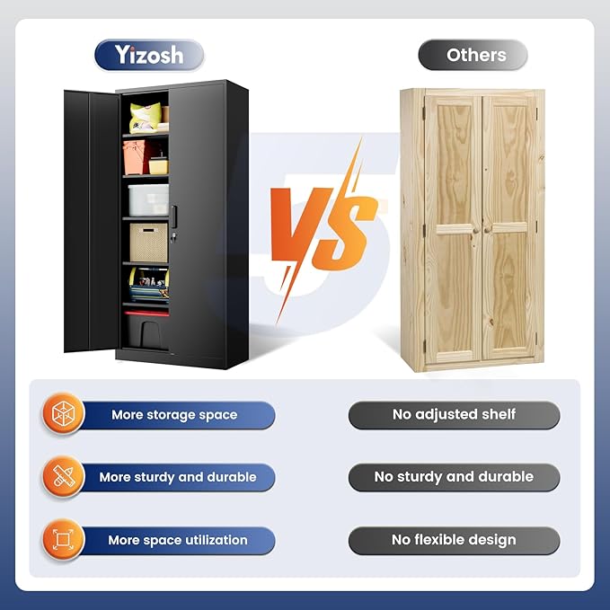 Yizosh Metal Storage Cabinet with Lock - 72" Garage Storage Cabinet with 2 Locking Doors and 5 Adjustable Shelves, Black Steel Lockable for Office,Home,Garage