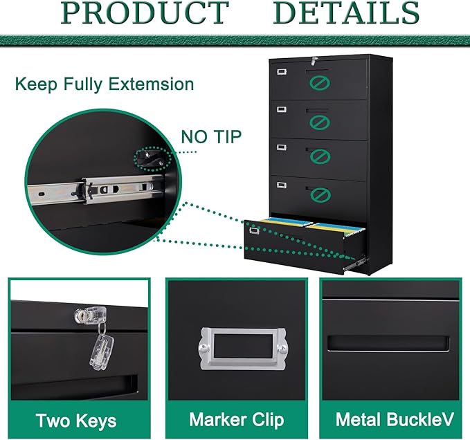 Letaya 5 Drawer File Cabinet with Lock,Metal Lateral Filing Cabinets for Home Office Hanging Files Letter/Legal/F4/A4 Size(Black-Requires Installation)