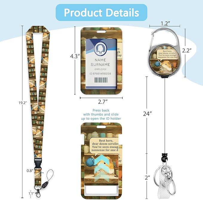 Gctriki Cute Hamster Retractable ID Badge Holder with Lanyard, Heavy Duty Nurse Badge Reel with Carabiner Clip, Teacher ID Card Holder with Motivational Quote for Medical Staff Office Accessories