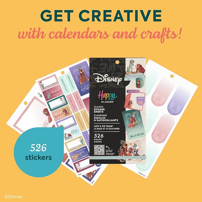 Happy Planner Disney 30-Sheet Easy-Peel Sticker Pack for Calendars and Journals, Lady and The Tramp